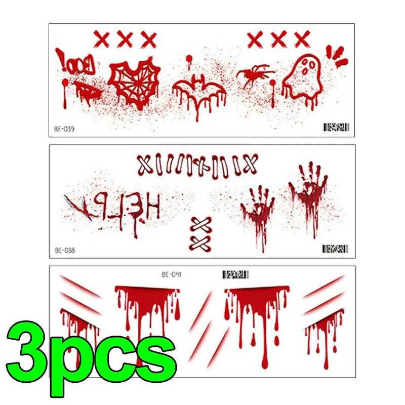 Halloween face tattoos, realistic horror bloody waterproof temporary tattoos, 3-piece set.