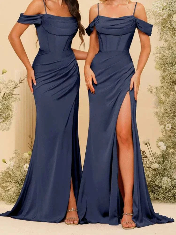 Bridesmaid Dresses | Satin Spaghetti Straps High Slit Evening Dress