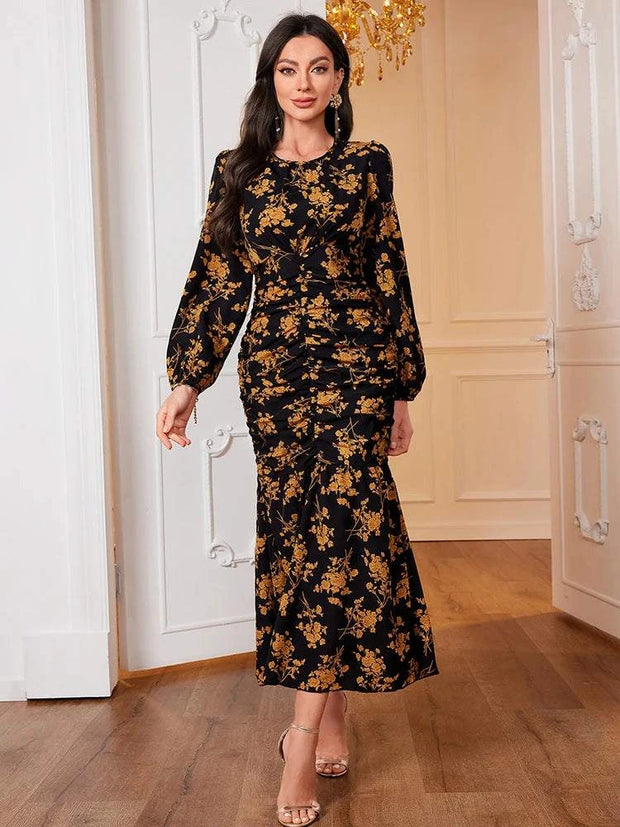 Elegant Black Floral Long Sleeve O-Neck Dress for Women - Winter 2024 Fashion Just Primes