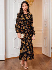 Elegant Black Floral Long Sleeve O-Neck Dress for Women - Winter 2024 Fashion Just Primes