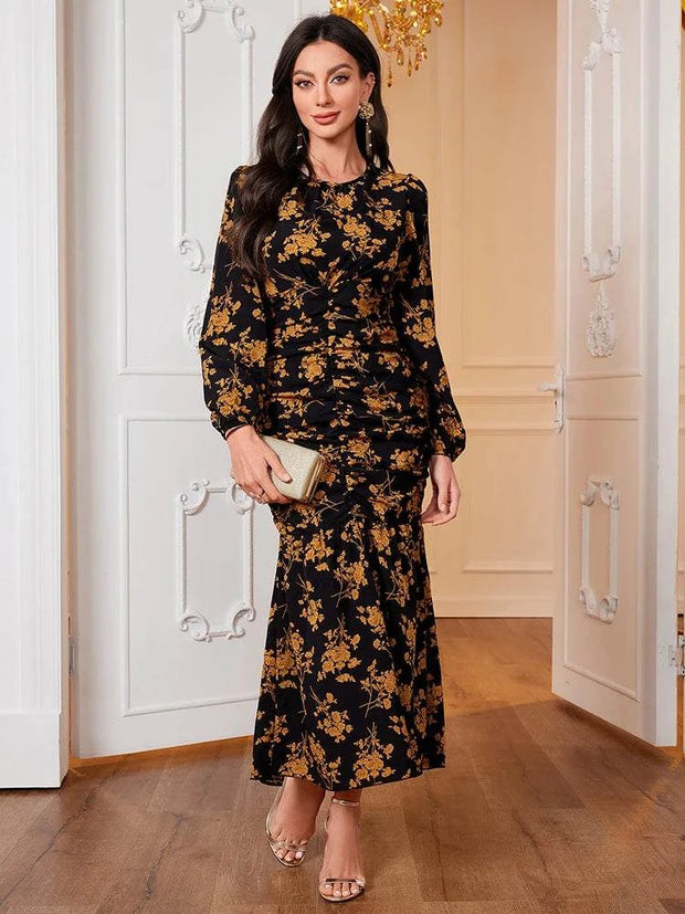 Elegant Black Floral Long Sleeve O-Neck Dress for Women - Winter 2024 Fashion Just Primes