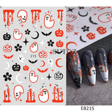 5D embossed Halloween nail stickers with ghost, pumpkin, skull, and bat designs.