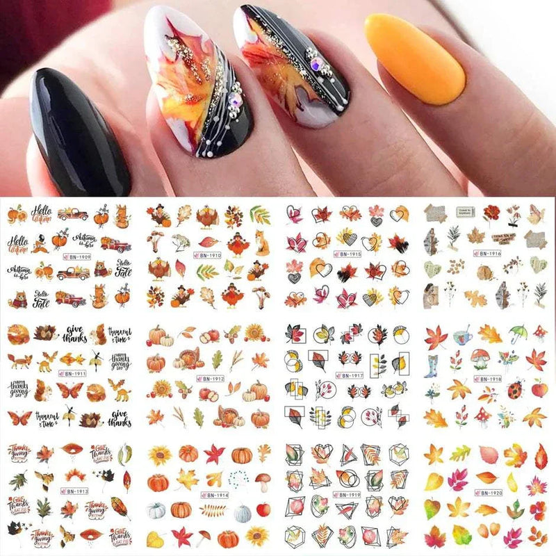 Halloween nail designs featuring pumpkin, witch, clown, and skull stickers; 12pcs set for festive nail art.