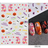 5D embossed Halloween nail stickers featuring ghost, pumpkin, and skull designs for festive nail art.