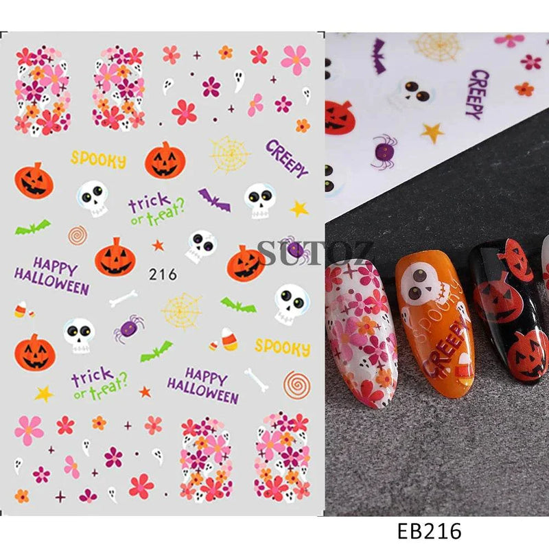 5D embossed Halloween nail stickers featuring ghost, pumpkin, and skull designs for festive nail art.