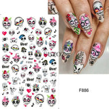 5D embossed Halloween nail stickers with ghost, pumpkin, skull designs, spooky nail art for Halloween nails.