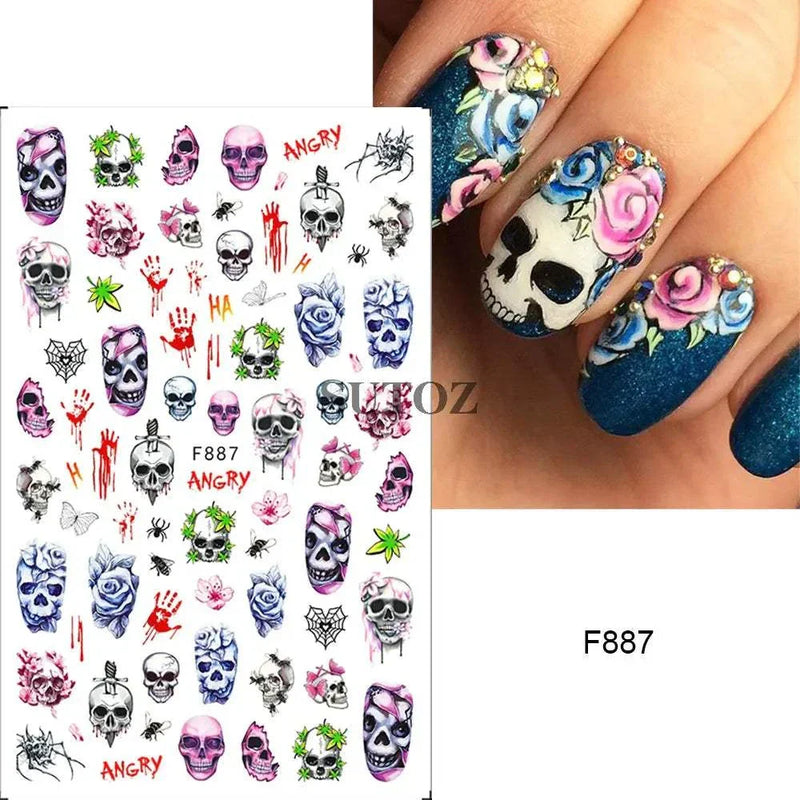 5D embossed Halloween nail stickers featuring ghost, pumpkin, and skull designs.