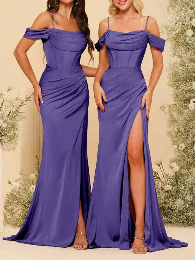 Bridesmaid Dresses | Satin Spaghetti Straps High Slit Evening Dress