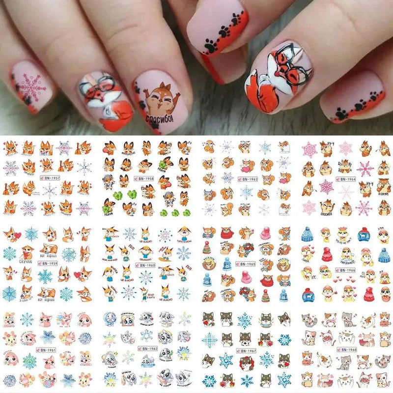 Halloween Nail designs featuring 12pcs pumpkin, witch, clown, and skull stickers for festive nail art.