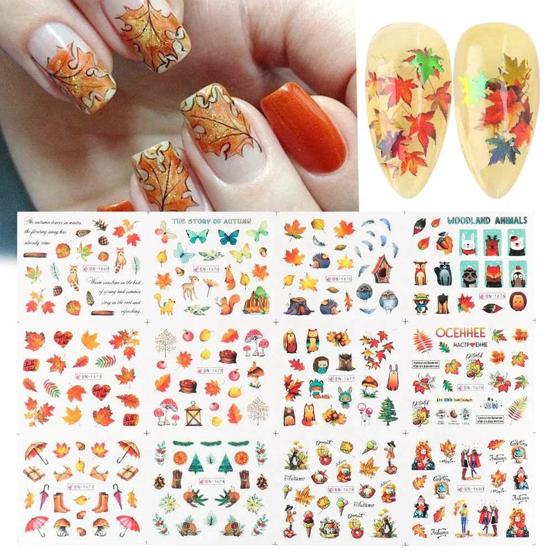 Halloween nail designs with pumpkin, witch, clown, and skull stickers, perfect for festive spooky season.