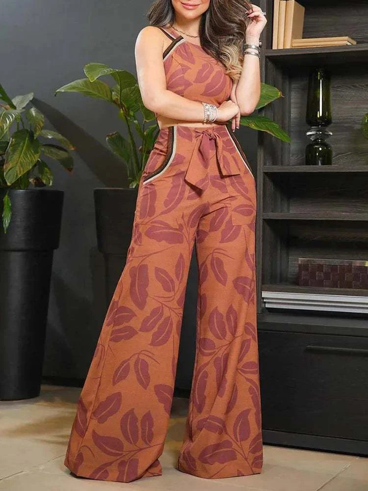 Sleeveless Top & Pants Set - Leaf Print Two Piece for Summer, just primes