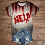 Vintage letter print women's Halloween shirt with "HELP" design, short sleeves, casual style, made from polyester.