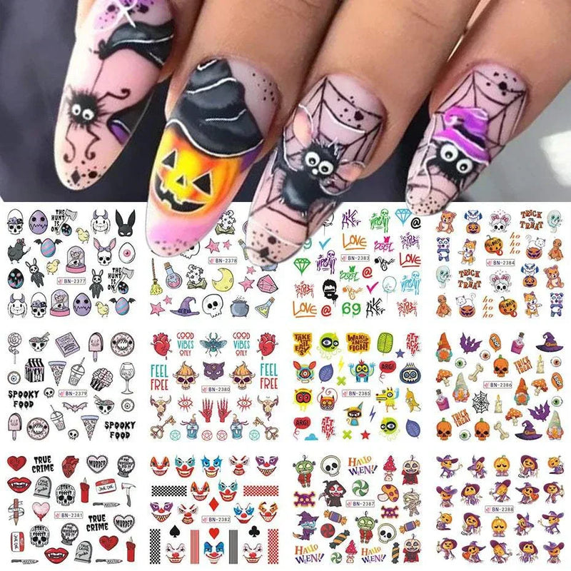 Halloween Nail Designs | 12pcs Pumpkin Witch Clown Skull Nail Stickers