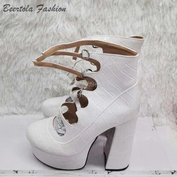 Block Heels - Stone Pattern Heels with Belt & Buckle - Platform Heels, just primes