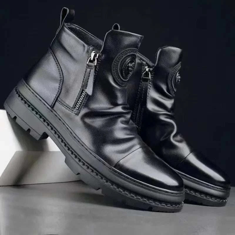 Autumn new high top men shoes British Style Round Head Leather Boots Casual Walking Side Zip shoe Outdoor comfort male Boots