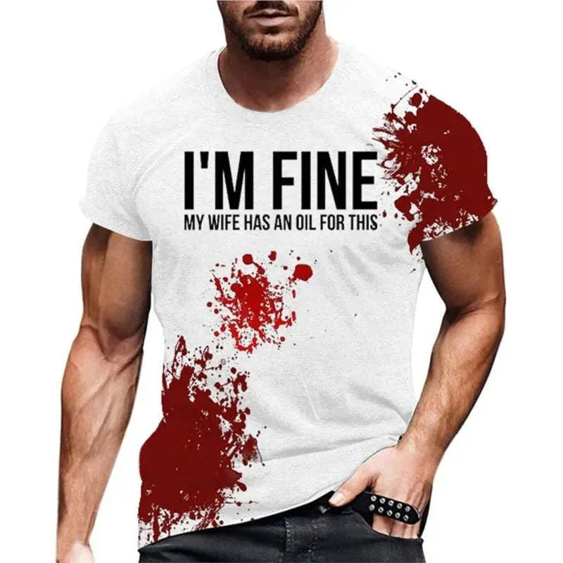 Men's funny Halloween T-shirt with blood print, short sleeves, polyester material.