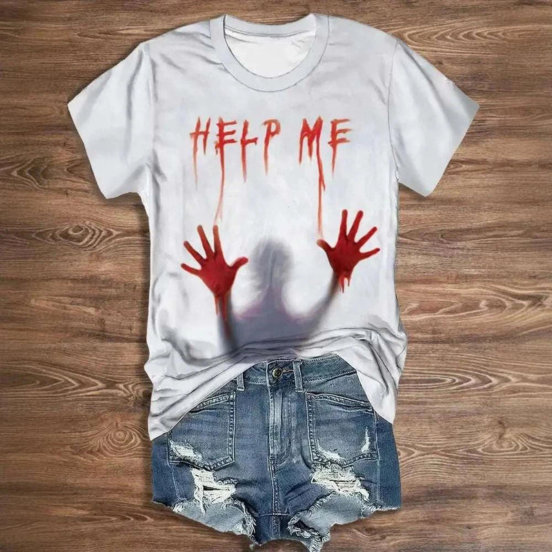 Women's Halloween shirt with vintage letter print "Help Me" and ghostly hands design, perfect for spooky casual wear.