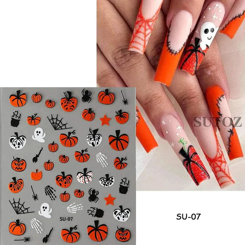 5D embossed Halloween nail stickers with ghost, pumpkin, and skull art designs.