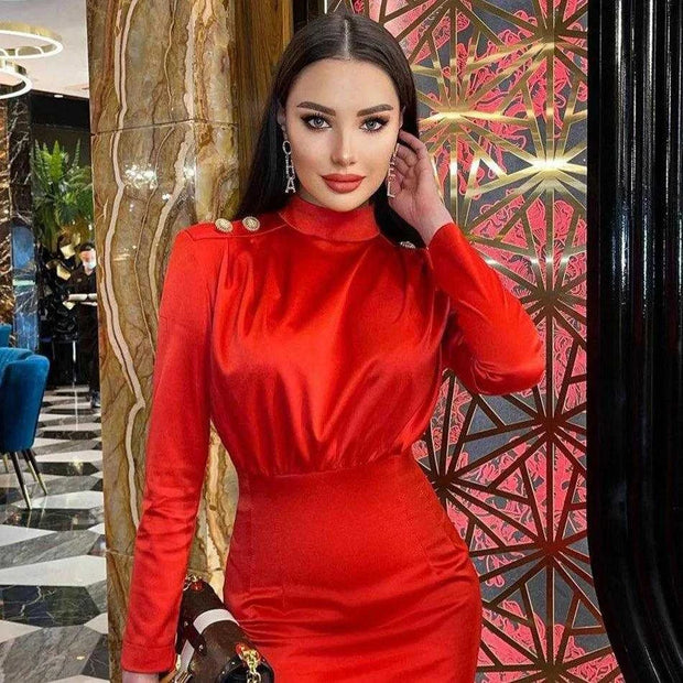 2024 Fashion New Women Stand Collar Midi Bodycon Office Ladies Elegant Long Sleeve Party Dresses Just Primes