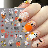 5D embossed Halloween nail stickers featuring ghost, pumpkin, spider, and skull designs.