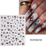 Halloween nails with 5D embossed stickers featuring ghost, pumpkin, skull, and spider web designs for a festive look.