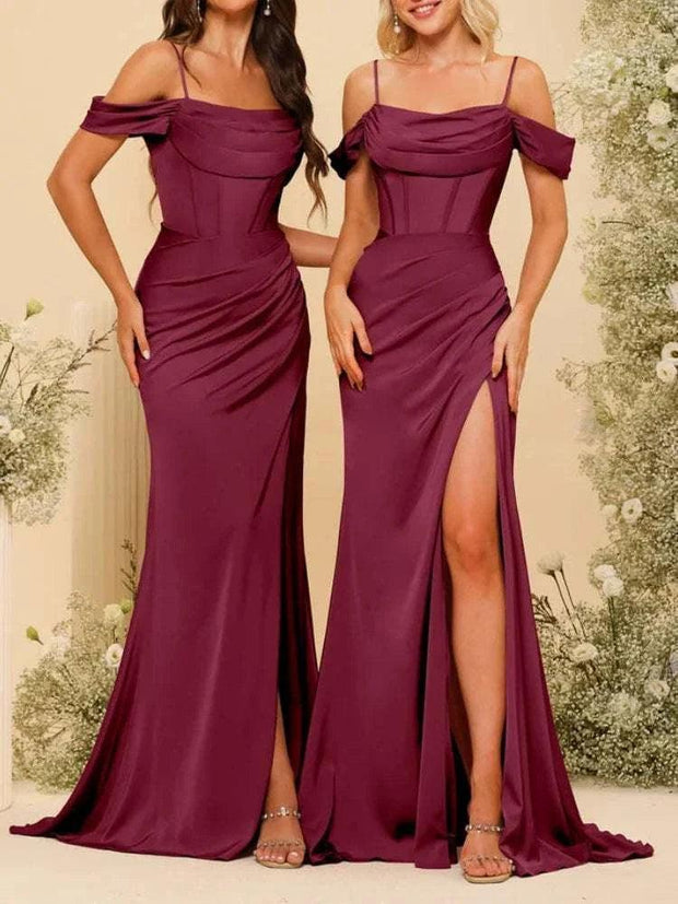 Bridesmaid Dresses | Satin Spaghetti Straps High Slit Evening Dress