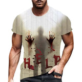 Men's Halloween T-shirt with "HELP" blood print, short sleeves, casual style, polyester material.