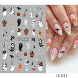 5D embossed Halloween nail stickers featuring ghost, pumpkin, and skull designs.