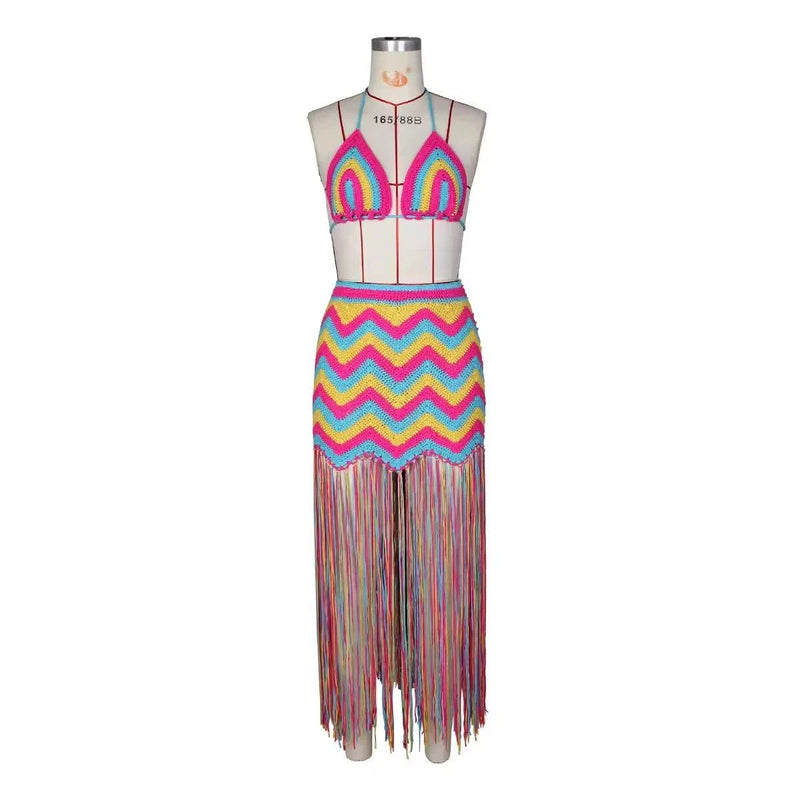 Swimsuit Cover Up - Fashion Multicolor Wave Beach Skirts Set