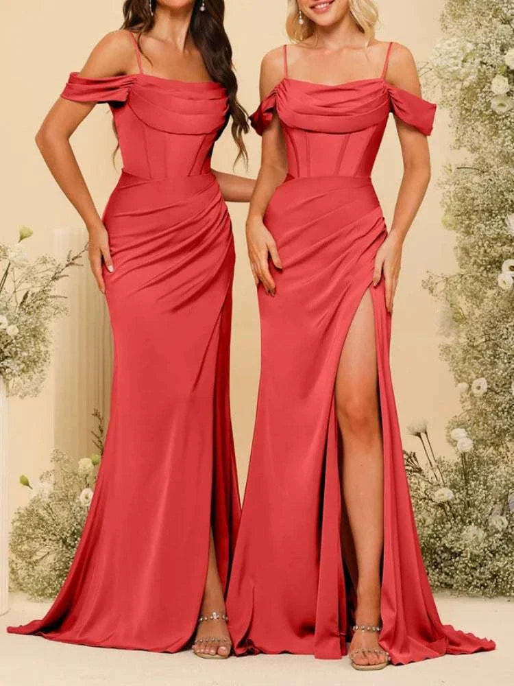 Bridesmaid Dresses | Satin Spaghetti Straps High Slit Evening Dress