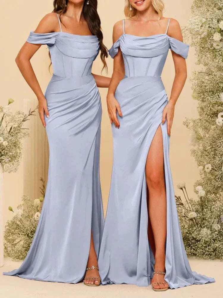 Bridesmaid Dresses | Satin Spaghetti Straps High Slit Evening Dress