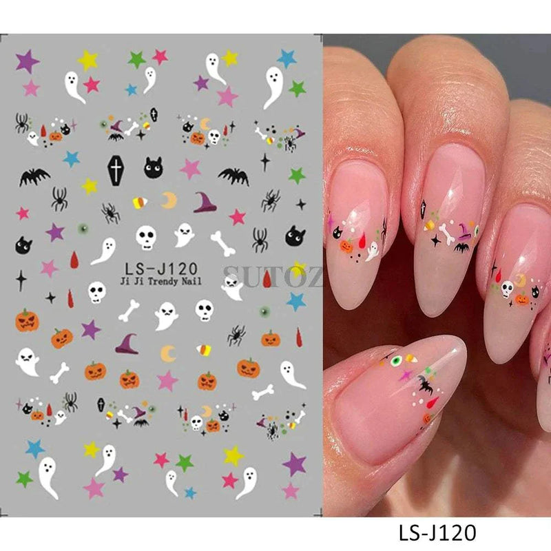 5D embossed Halloween nail stickers with ghost, pumpkin, and skull art.