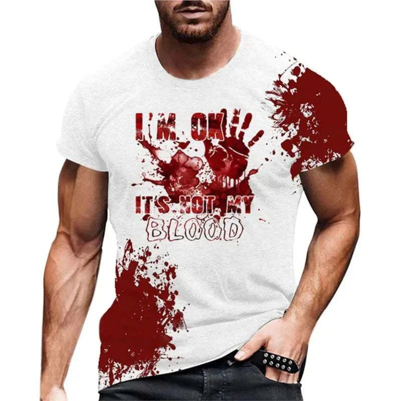 Men's funny Halloween T-shirt with blood splatter design, short sleeves, casual style, perfect for Halloween 2024.