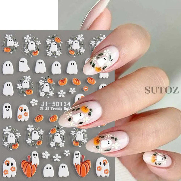 5D embossed Halloween nail stickers with ghost, pumpkin, and skull designs.