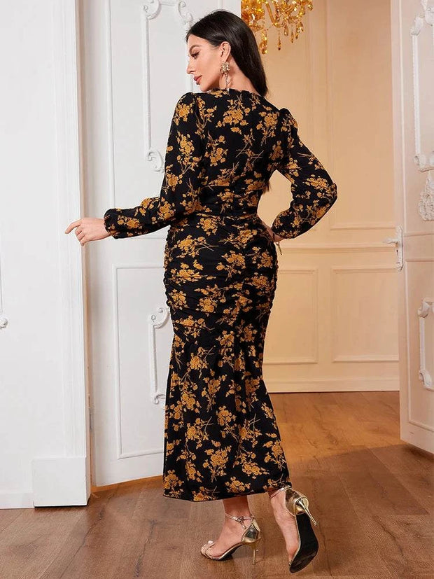 Elegant Black Floral Long Sleeve O-Neck Dress for Women - Winter 2024 Fashion Just Primes