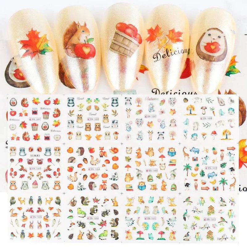 Halloween nail stickers with pumpkin, witch, clown, and skull designs, 12 pieces.