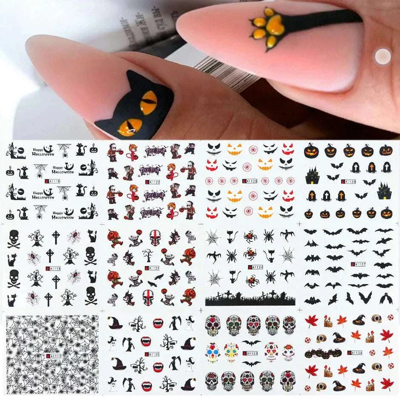 Halloween Nail Designs | 12pcs Pumpkin Witch Clown Skull Nail Stickers