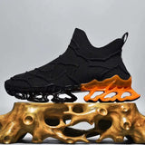 Men's black mesh sneakers with breathable, hard-wearing design and TPU outsole, featuring a unique orange and black sole.