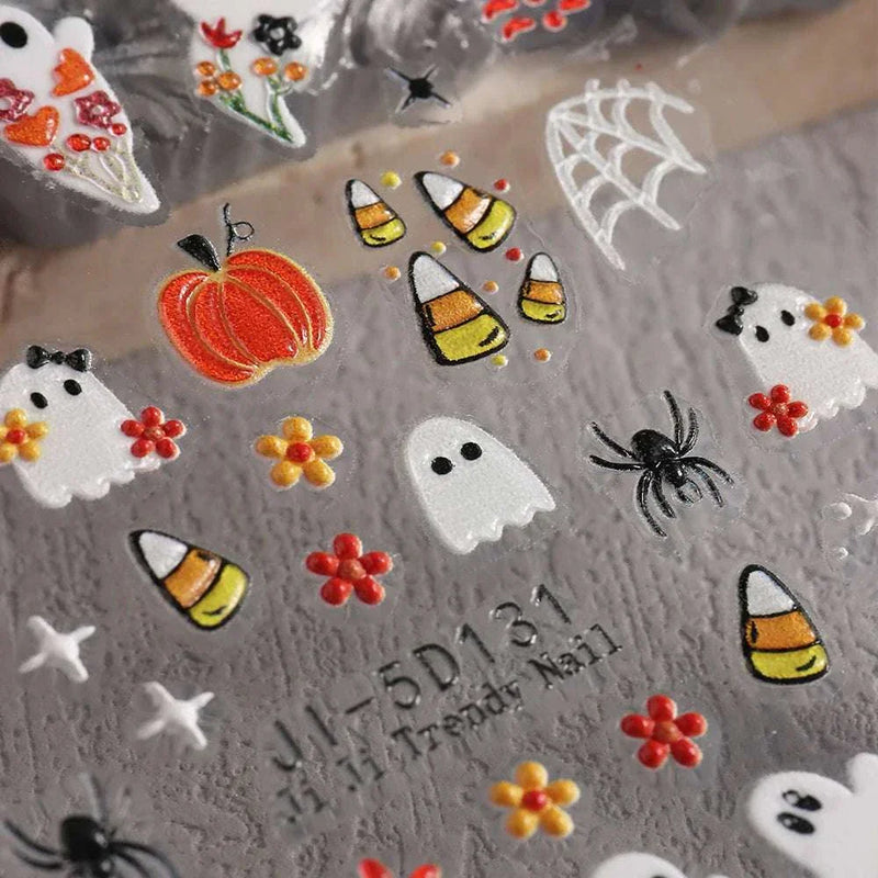 5D embossed Halloween nail stickers with ghost, pumpkin, and skull designs.