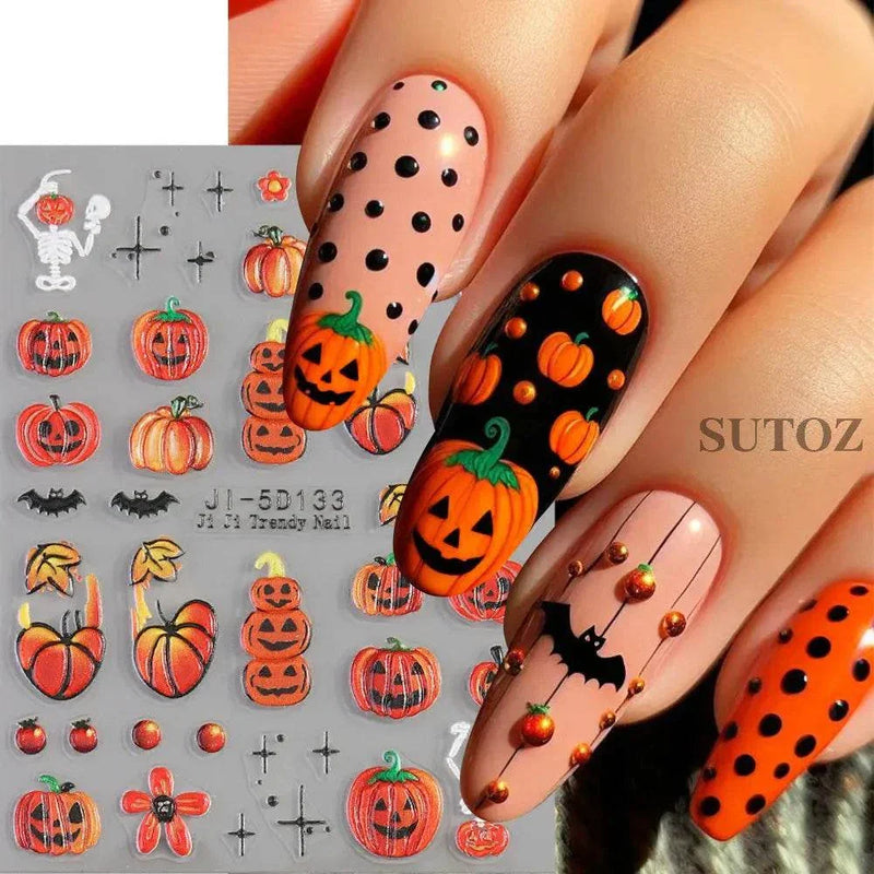 5D embossed Halloween nail stickers featuring ghost, pumpkin, and skull designs.