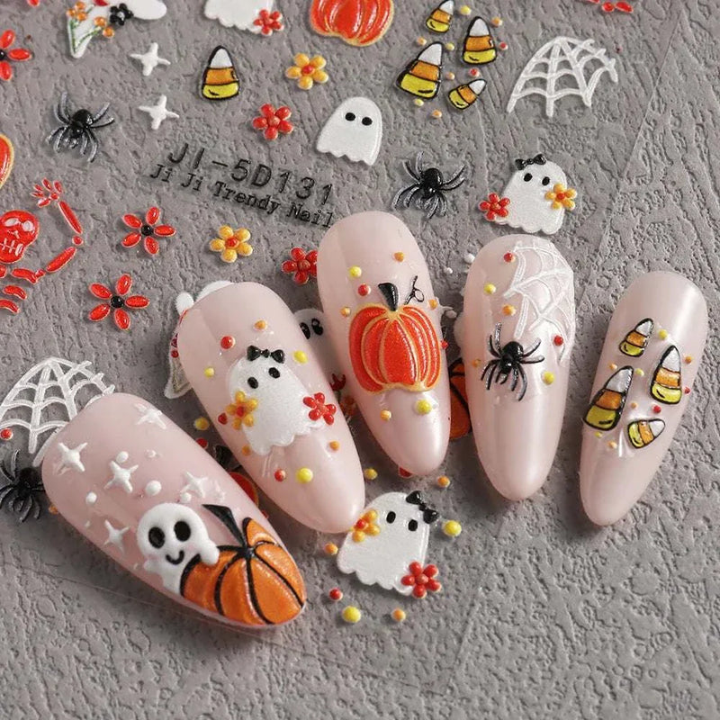 5D Halloween nail stickers with ghosts, pumpkins, and skulls on embossed designs.