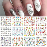 Halloween nail designs with pumpkin, witch, clown, and skull stickers; 12 pieces set.