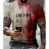 Halloween T-shirt with "I'm Fine" blood print, casual style, polyester material.