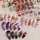 Halloween nails with 5D embossed ghost, pumpkin, skull art stickers.