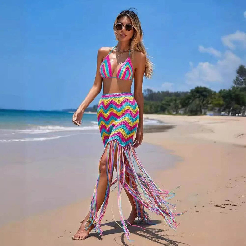 Swimsuit Cover Up - Fashion Multicolor Wave Beach Skirts Set