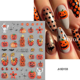 5D embossed Halloween nail stickers featuring ghost, pumpkin, and skull art designs.