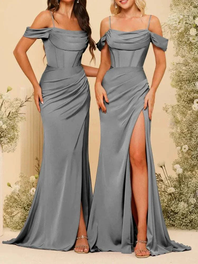 Bridesmaid Dresses | Satin Spaghetti Straps High Slit Evening Dress