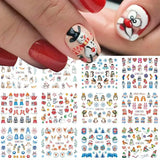 12pcs Halloween nail stickers with pumpkin, witch, clown, and skull designs for festive nails.