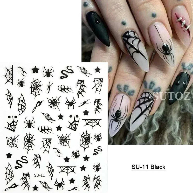 Halloween nail stickers with ghost, pumpkin, skull art; 5D embossed design for spooky nail decorations.