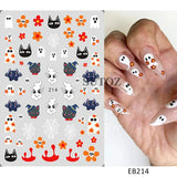 Halloween nails with 5D embossed ghost, pumpkin, skull art stickers featuring bats, spiders, and floral patterns.